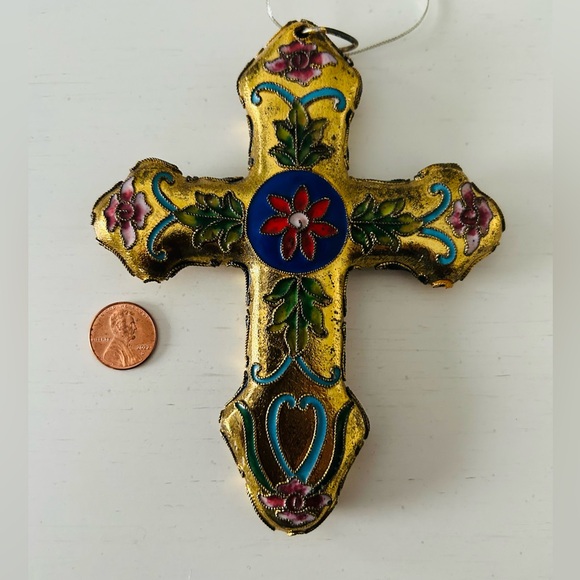 Cloisonne Cross Ornament Gold Color With Blue & Red Floral and Green Leaves - Picture 3 of 6
